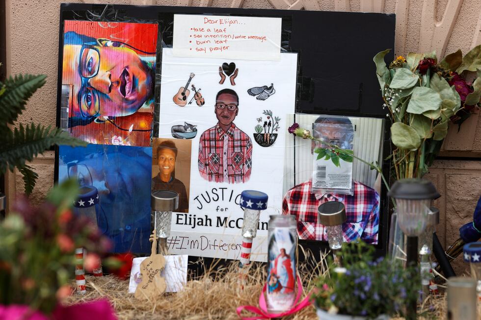 FILE - A makeshift memorial stands at a site across the street from where Elijah McClain was...