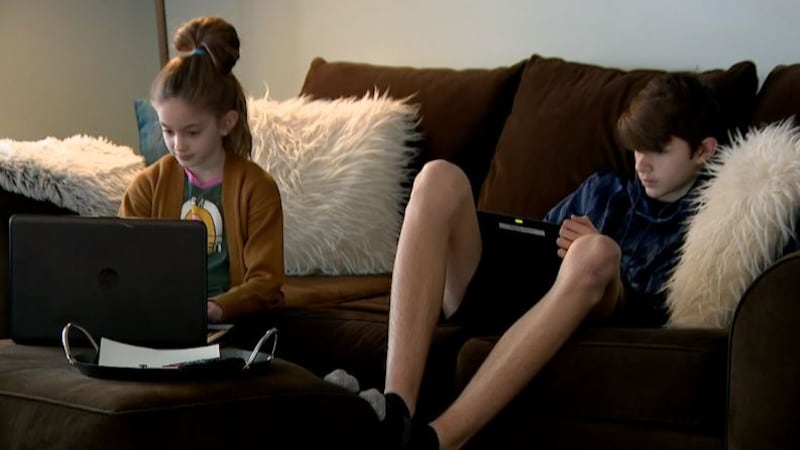 Children learning and communicating from laptops in their living room, home from school.