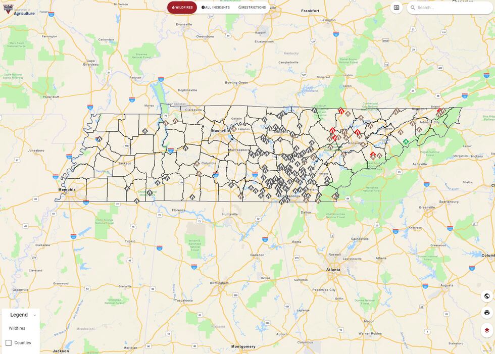 Tennessee Department of Agriculture online wildfire tracking map