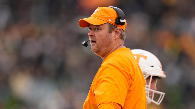 Tennessee head coach Josh Heupel watches from the sidelines during the first half of an NCAA...