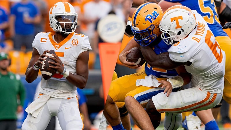 Tennessee quarterback (left) Hendon Hooker and defensive edge (right) Byron Young