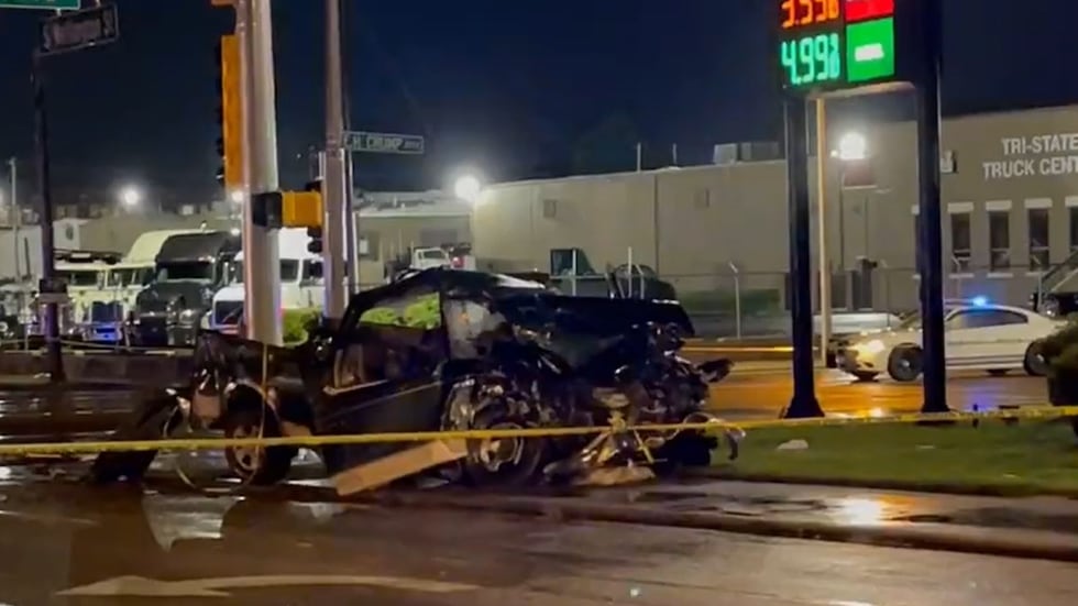 The totaled pickup truck as a result of the crash.